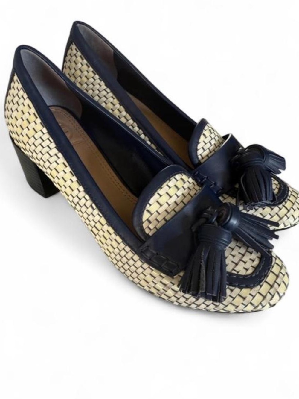 Tory Burch Stamford Woven Tassel Pumps, cream-and-navy basket-weave, size 5.5